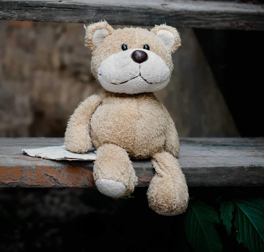 This image shows a teddybear sitting on a bench with a piece of paper under his right paw